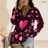Women Plus Size V Neck Long Sleeve American Flag Printed Top Curved Hem With Pocket Button Detail