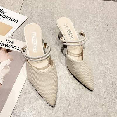 Модные весенние новые сандалии-баотоу женские остроносые с мелким вырезом тканевые противоскользящие износостойкие шлепанцы на тонком каблуке