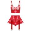 Womens Two Piece Patent Leather Lingerie Set Mesh Underwire Bra Ruffle Miniskirt Garter Belt Clubwear