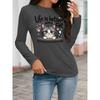Adorable Feline Graphic Tee, Perfect for Women, Suitable for Casual Outings, Vacations, Featuring Long Sleeves And a Round Neckline