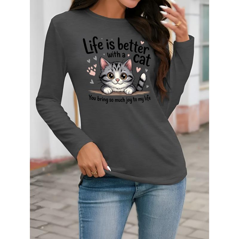 Adorable Feline Graphic Tee, Perfect for Women, Suitable for Casual Outings, Vacations, Featuring Long Sleeves And a Round Neckline