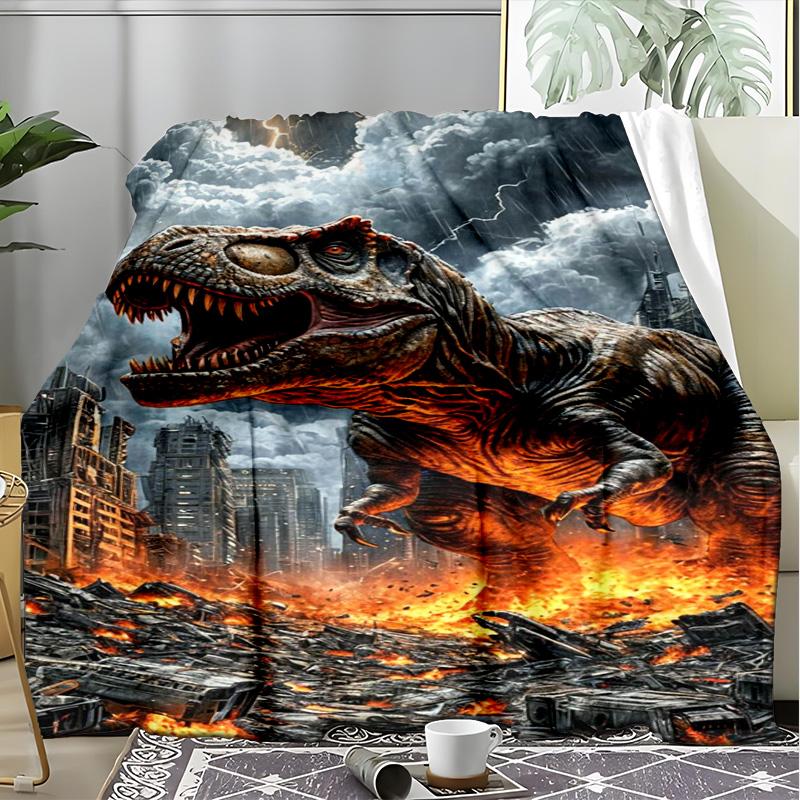 Dinosaur World Prehistoric Scene Fleece Printed Flannel Blanket, Warm Soft Throw Sofa Bed Blanket