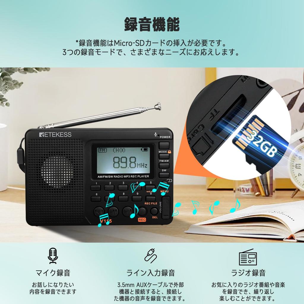 Retekess V115 Компактное коротковолновое радио AM/FM/SW DSP с функцией записи REC, ручная/автоматическая настройка ATS, таймер сна, многофункциональный портативный