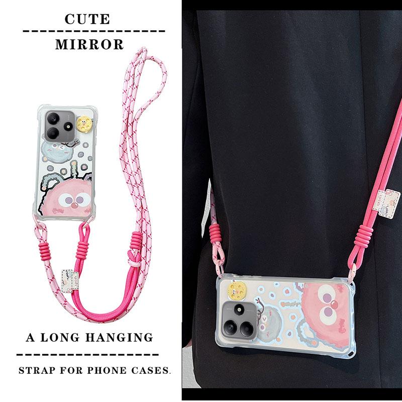 KEYSION Crossbody Strap Phone Case for Redmi Note 14 4G 5G Cute Cartoon Long Lanyard Mirror Shockproof Cover for Redmi Note 14 5G