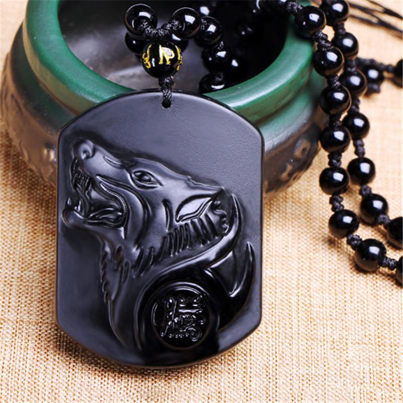 Натуральный черный обсидиан, резьба по голове волка, амулет, кулон, ожерелье, благословение, счастливый ювелирный подарок