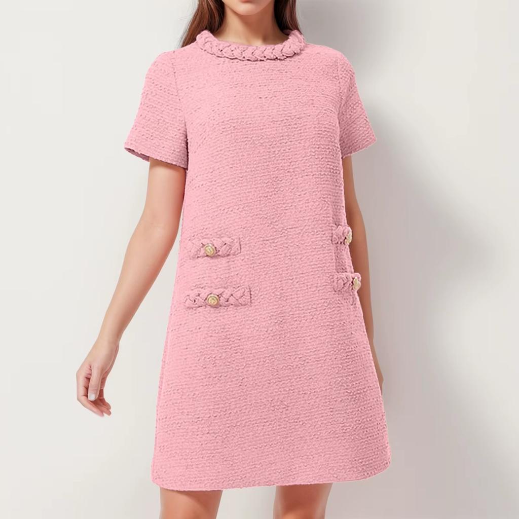 Women Sweet French Style Short Dresses Elegant Tweed Solid Color Button Up Pullover Midi Dress Office Lady Short Formal Dresses