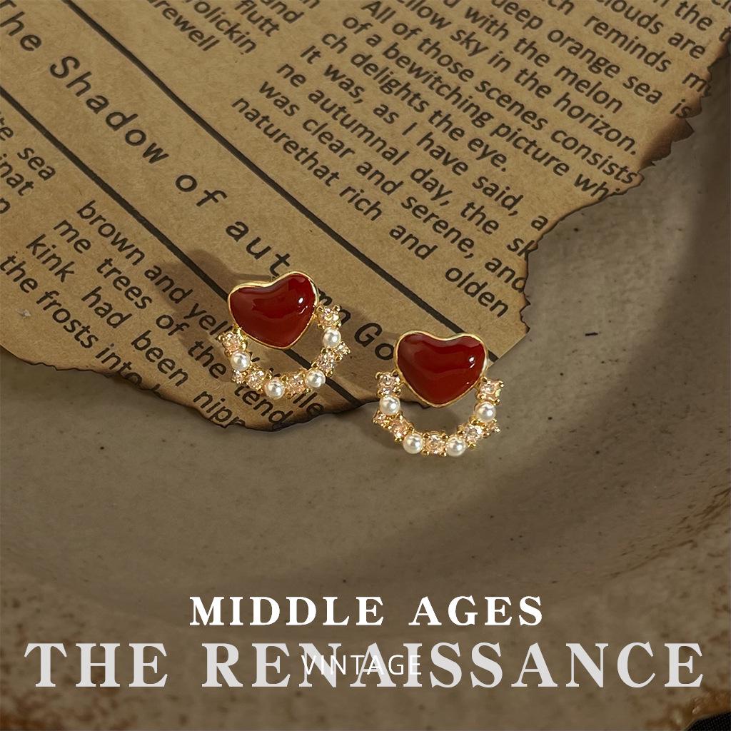 Vintage Burgundy Red Enamel Drop Earrings - Retro French Style Studs