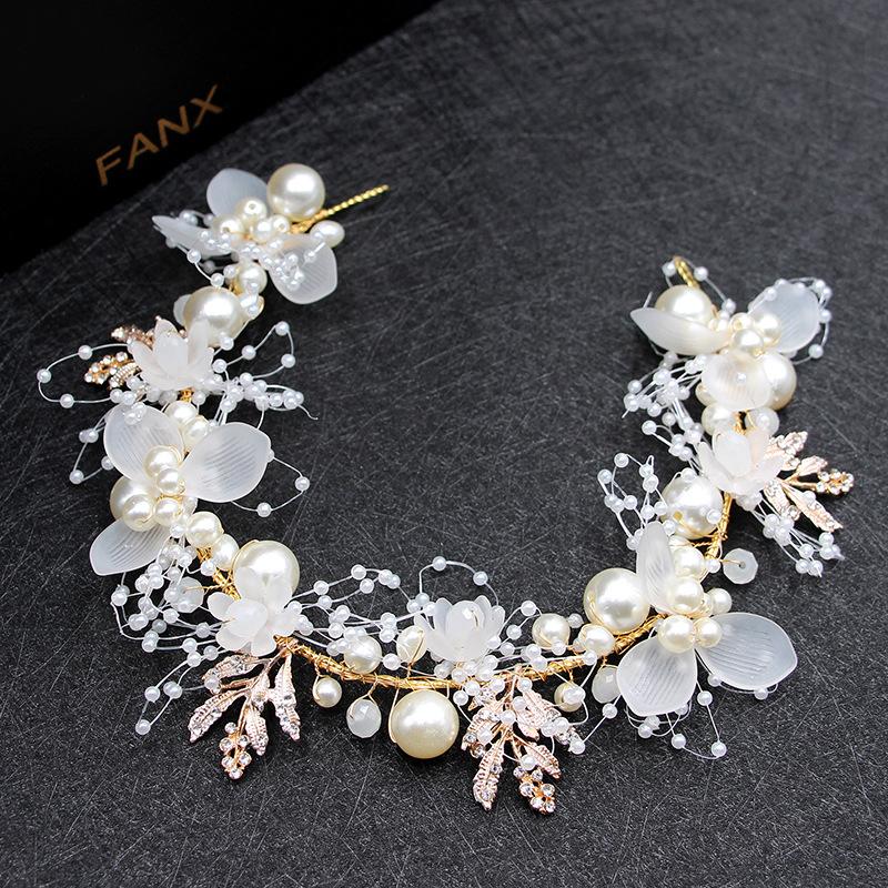 Bridal Wedding Girls Formal Dress Accessories Pearl Handmade Wrist Flower Bracelet Garland Set Headdress Hair
