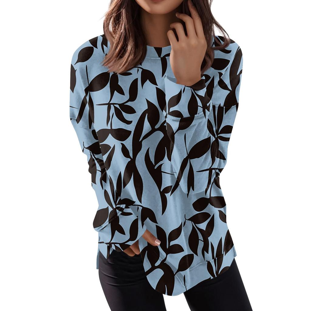 Women's Round Neck Tops Cotton Women's Casual Fashion Print Long Sleeve O-Neck Pullover Top Blouse