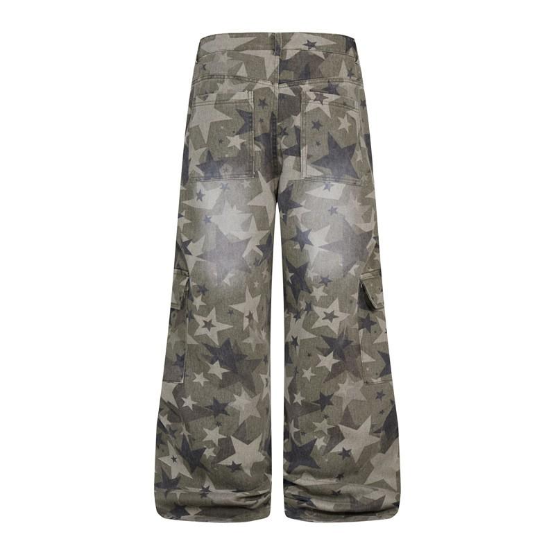 Washed Star Print Camo Denim Pants Unisex Loose Wide Leg Straight Cut Jeans Fall Streetwear