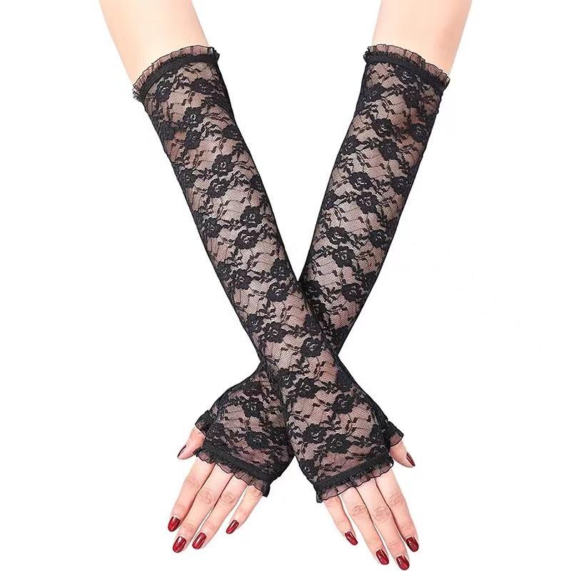 Длинные кружевные перчатки без пальцев с открытыми краями, солнцезащитные рукава, сетчатые кружевные тонкие велосипедные сексуальные аксессуары, черные перчатки с открытыми пальцами