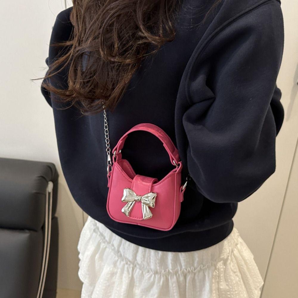 Сумка из искусственной кожи с бантом и пряжкой, мини-женская сумка через плечо, модная серебристая сумка-ведро, косметичка