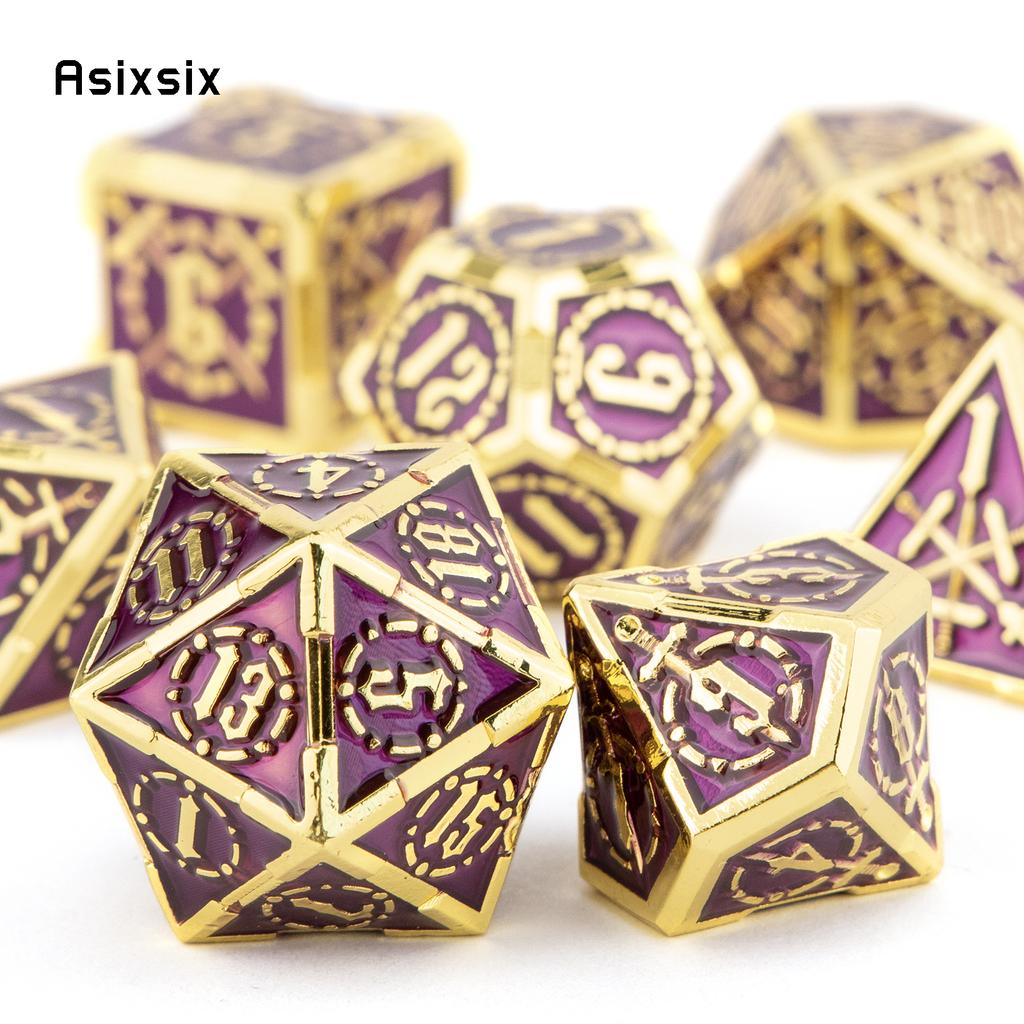 7 Pcs Golden Purple Double Swords Metal Dice Solid Polyhedral Dice Set Suitable for Role-Playing RPG DND Pathfinder Board Game