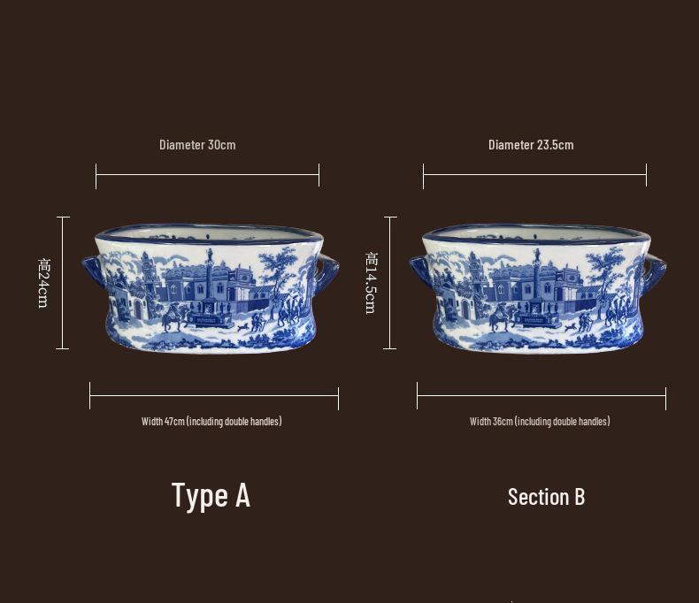 English Blue & White Porcelain Planter: Retro Ceramic Flower Pot for Balcony or Courtyard, Large Double-Eared Basin for Tree Planting