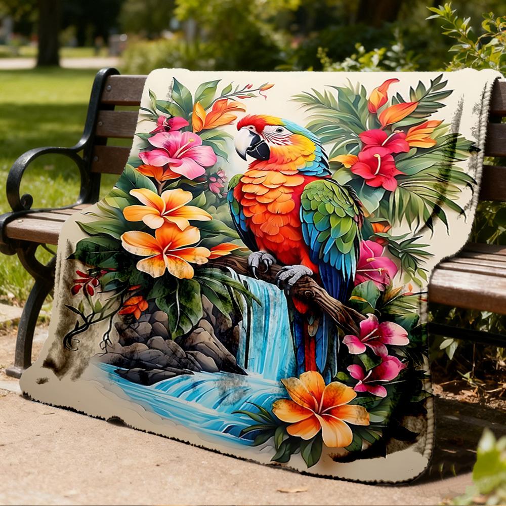 1pc Parrot Tropical Flowers Print Throw Blanket Polyester Fiber, Lightweight Flannel, Soft & Warm, All Season Use for Outdoor, Camping Digital Print