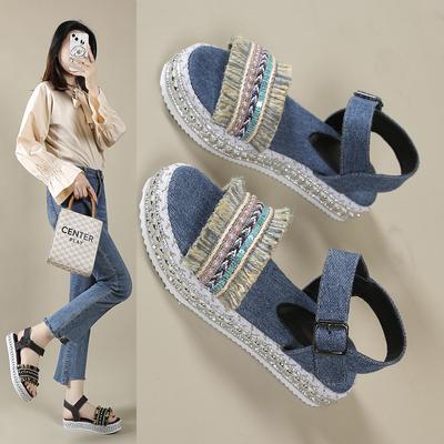Этнические сандалии лето новые ретро джинсовые сандалии женская обувь
