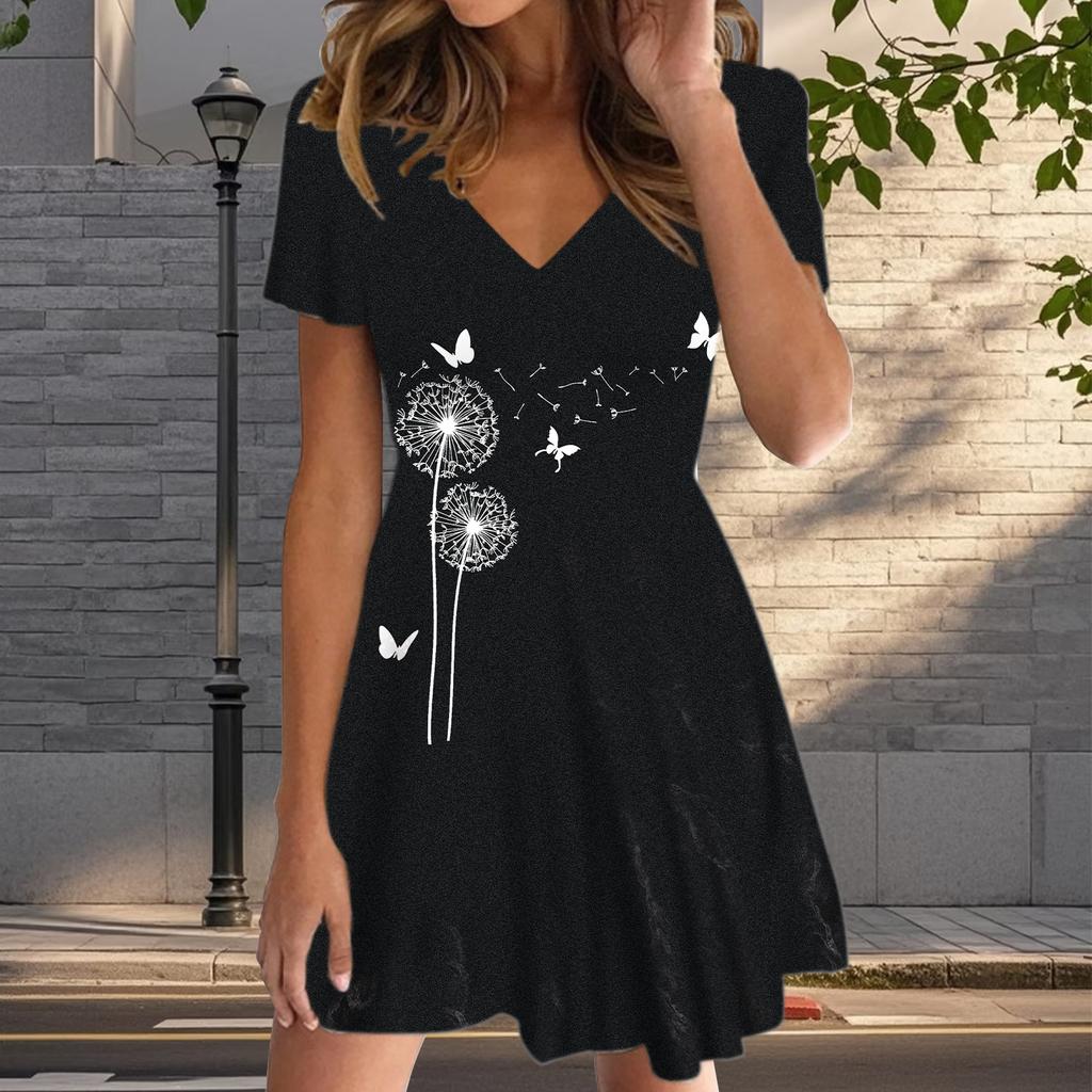 Летняя мода женские V-образный вырез короткий рукав танцы одуванчики принтованное платье сексуальные короткие юбки платья