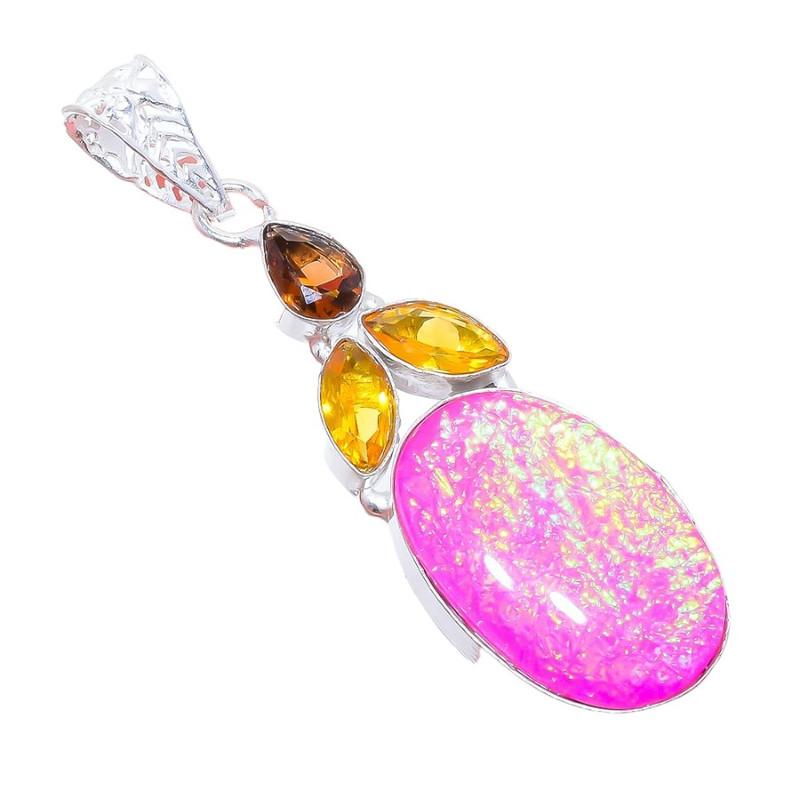 Pink Triplet Fire Opal, Citrine 925 Sterling Silver Jewelry Pendant 2.8" AH-3242