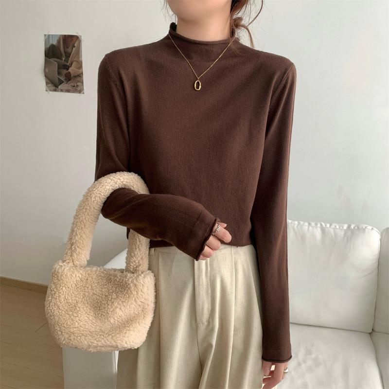 Semi-turtleneck Bottoming Shirt Women's Black Slim-fitting Sweater Inside White Thin Knitted Sweater Autumn and Winter Top