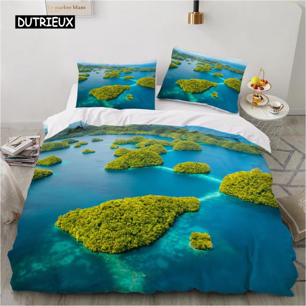 Комплект постельного белья Ocean Duvet Set King Size Polyester Tropic Ocean Style Sandy Shore and Sea with Waves Escape To Paradise Theme Set