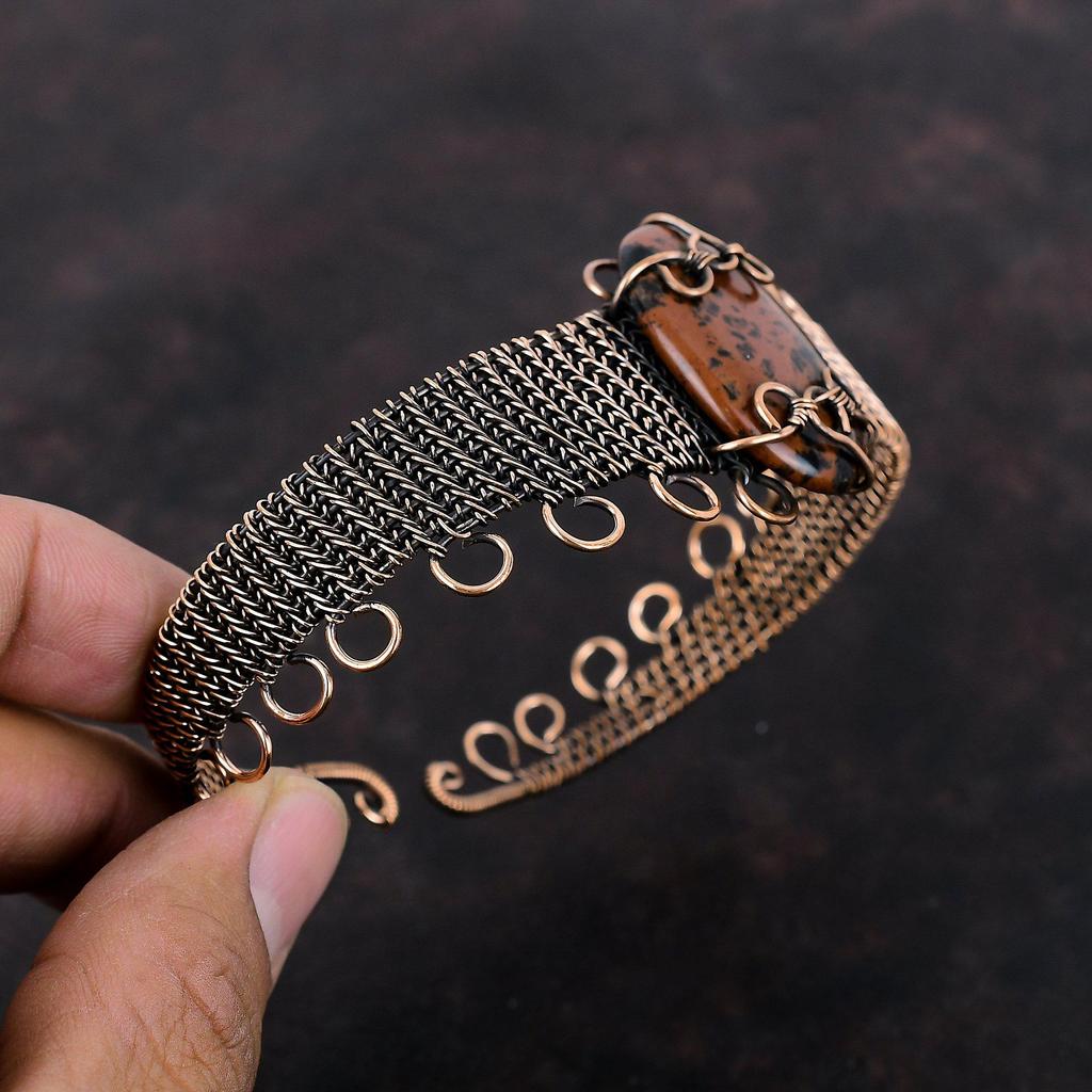 Браслет из красного дерева с обсидианом, медная проволока, браслет-манжета, драгоценный камень, регулируемый браслет, браслет ручной работы, дизайнерские медные украшения, свадебный подарок