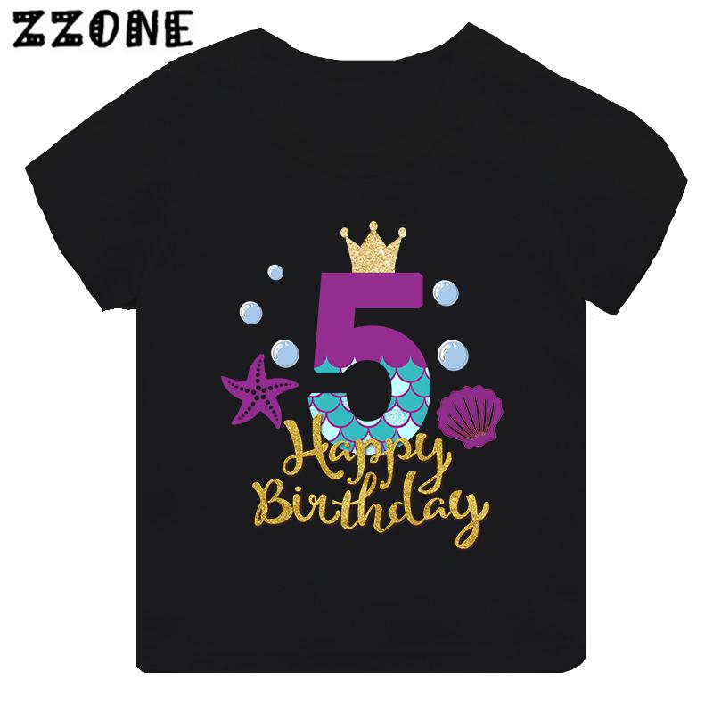 Cute Mermaid Princess Print Girls Clothes 1 2 3 4 5 6 7 8 9 Years Happy Birthday Kids Short Sleeve T shirt Baby Boys T-Shirts
