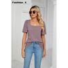Весенне-летняя новая однотонная свободная футболка с квадратным вырезом и короткими рукавами, вязаные топы женские