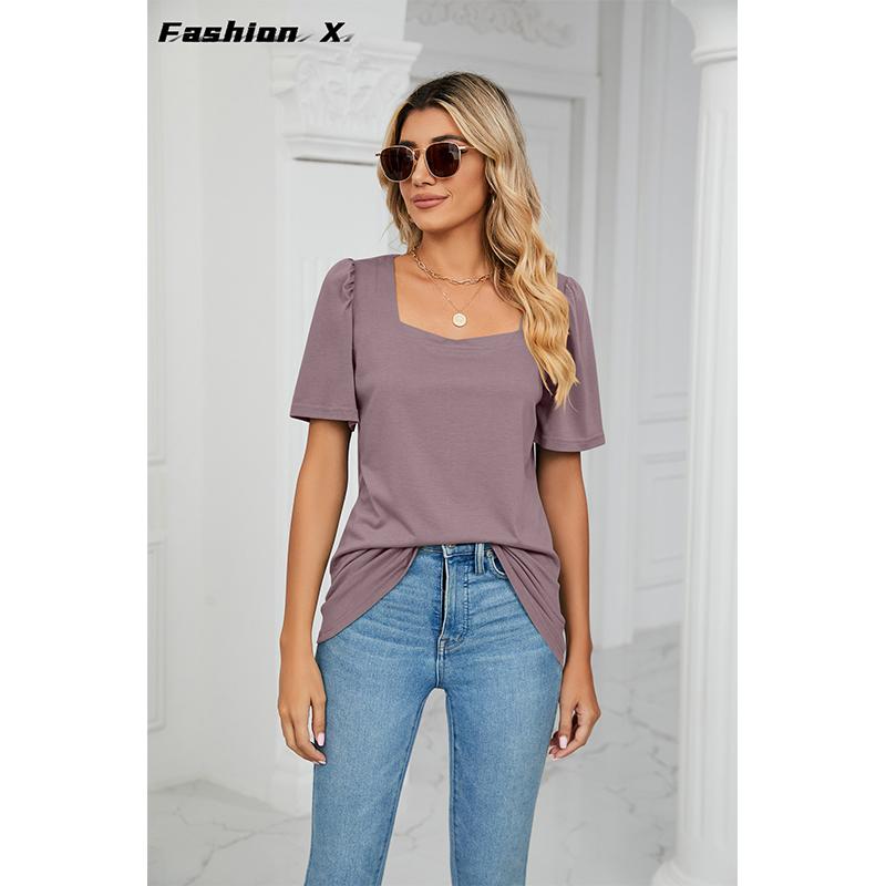 Весенне-летняя новая однотонная свободная футболка с квадратным вырезом и короткими рукавами, вязаные топы женские