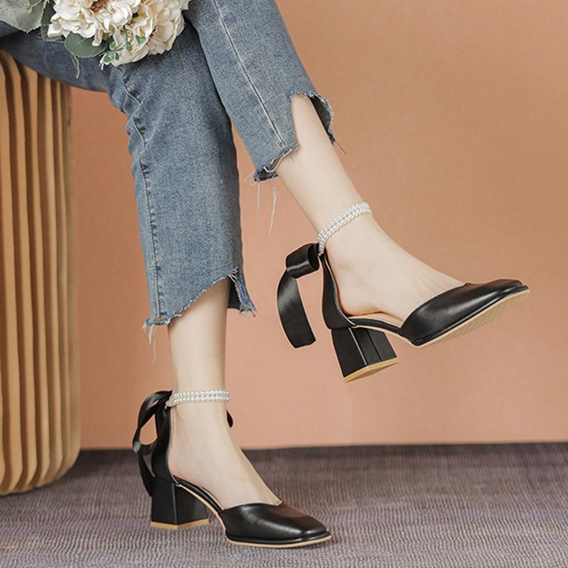 Модные женские туфли-лодочки на высоком каблуке с бантом из ленты сзади, босоножки с жемчужной отделкой на щиколотке 2025, туфли с квадратным носком, женские офисные туфли, Мэри Джейн на танкетке, каблуки