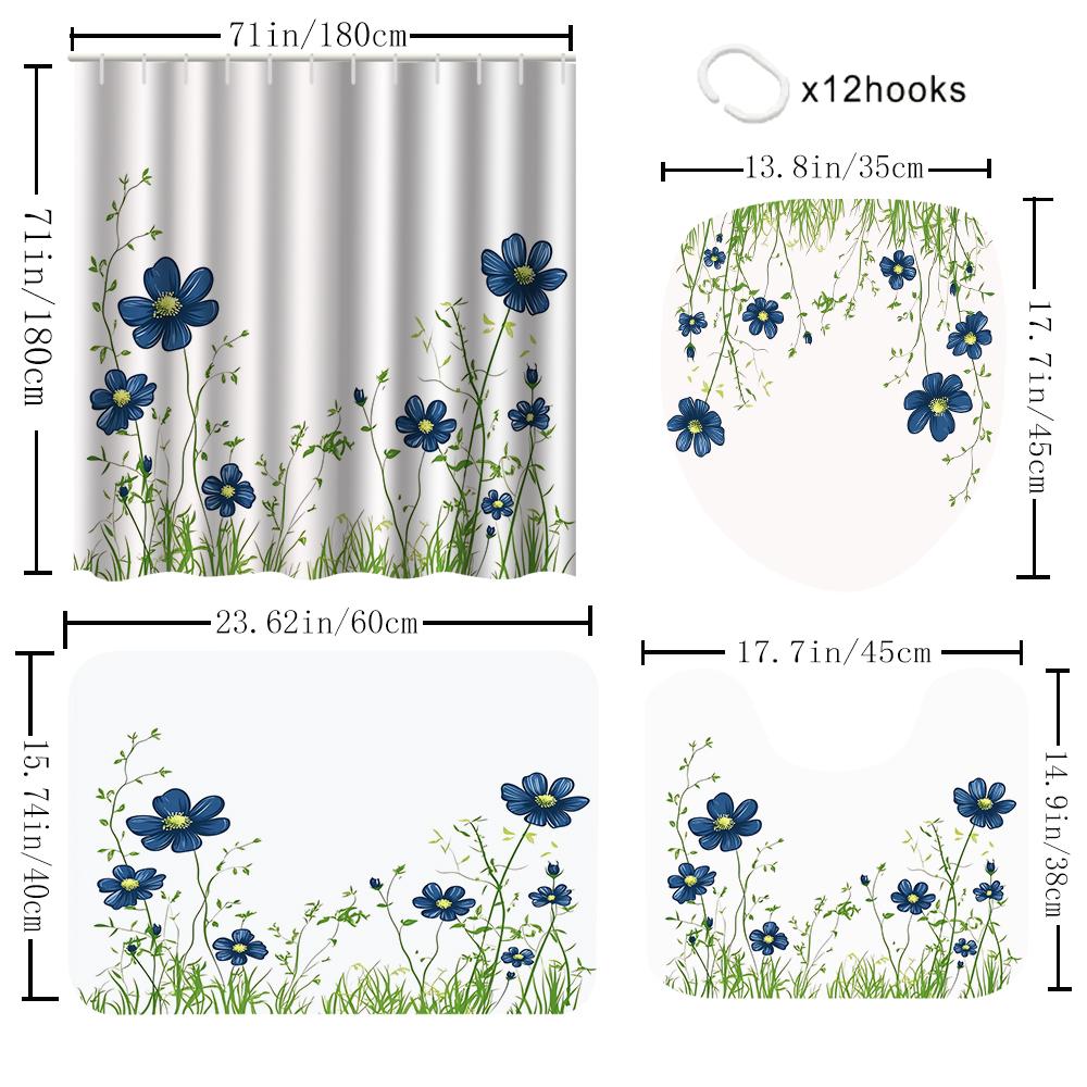 1/4 flowers and plants print shower Curtains, Toilet Seat Decoration, Shower Curtain with Carpet and Toilet Lid, 70.8x70.8 inch