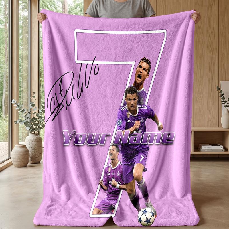 Cristiano Ronaldo Custom Name Text Flannel Blanket Soccer Logo Personalized Fleece Throw Blanket Special Gift For Sofa Bedroom Home