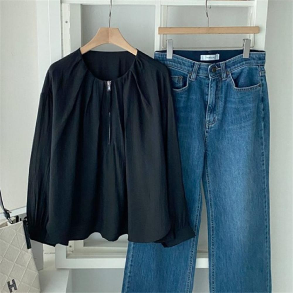 New Arrivals Open Run Women Rayon Nylon Pintuck Zipper Long Sleeve Blouse