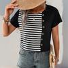 Летняя женская футболка с короткими рукавами, полосатая лоскутная футболка
