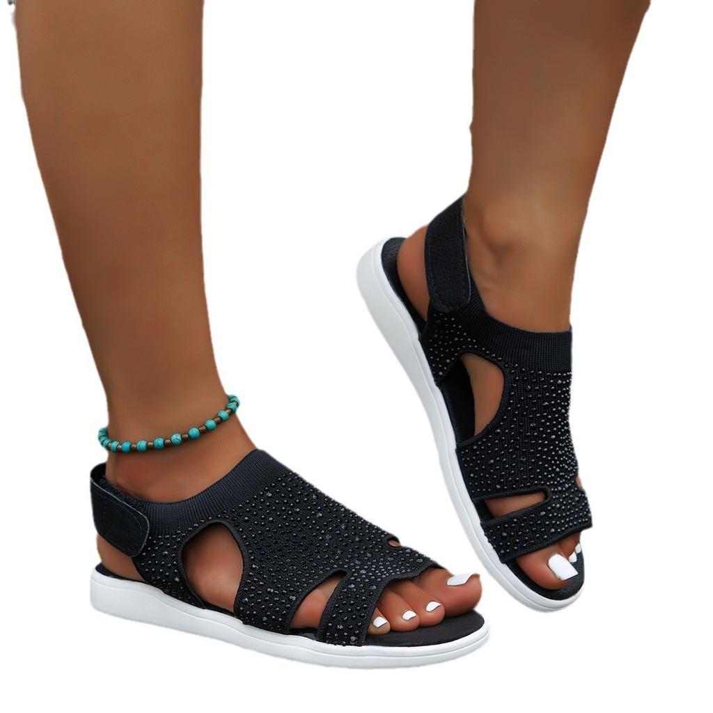 2025 Foreign Trade Large Size Flat Bottom European and American Style Knitted Rhinestone Sandals Women's Elastic Fly Knitting Casual Sandals Women