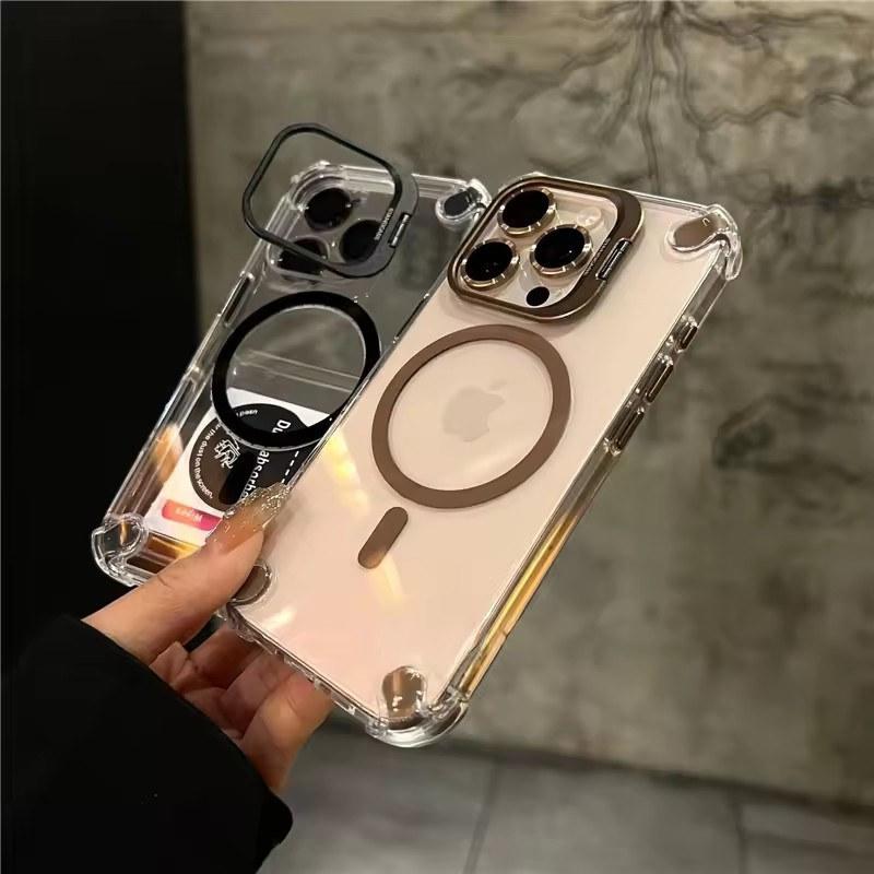 Для iPhone 16 Pro Max Роскошный держатель объектива Подставка Magsafe Магнитный прозрачный чехол для телефона Для iPhone 12 13 14 15 Plus Защитный чехол