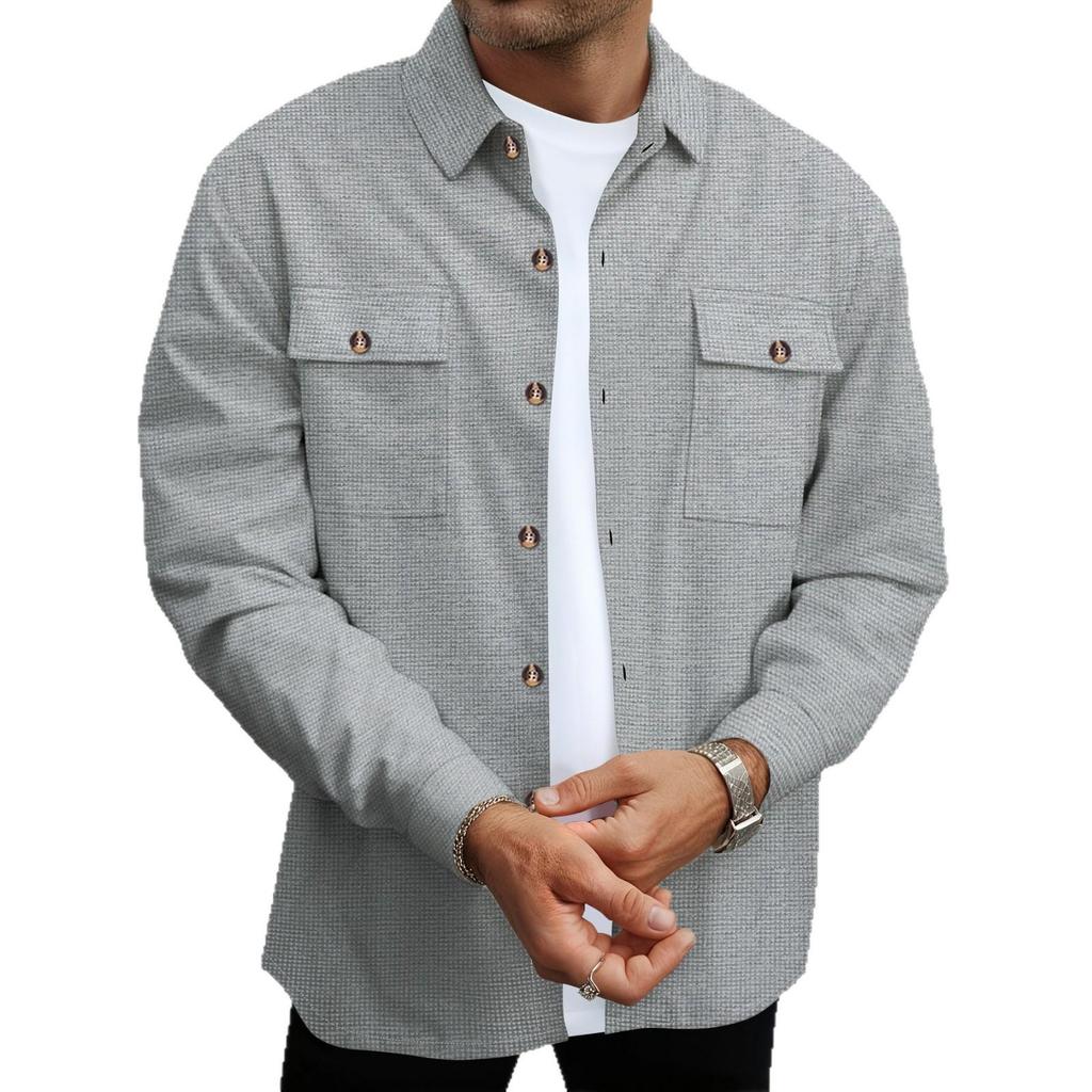Men's Solid Color Waffle Cardigan with Double Pockets and Buttoned Long Sleeves