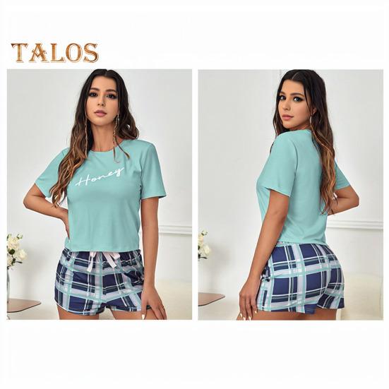 2 шт./компл., женский летний пижамный комплект с круглым вырезом и буквенным принтом, футболка с короткими рукавами и эластичной резинкой на талии, клетчатый узор, домашняя одежда, комплект из двух предметов, одежда для сна