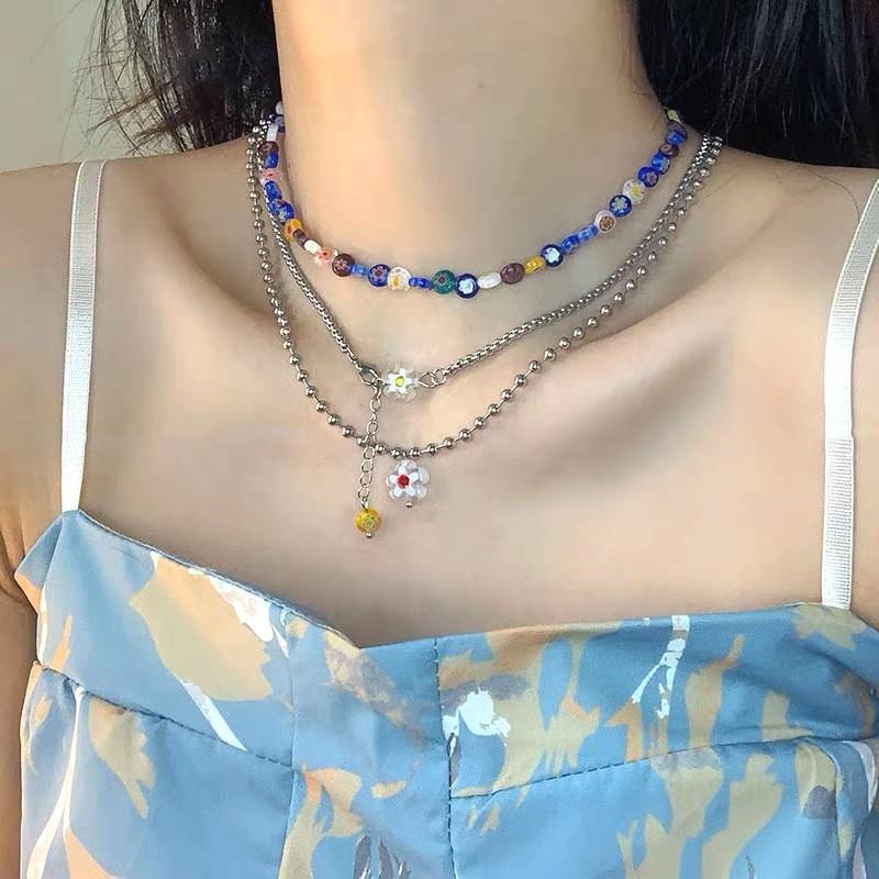 Boho Chic Layered Glass Flower Necklace Set With Snake Chain Ins Style Womens Collarbone Jewelry