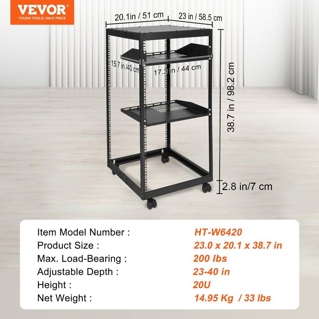20U Open Frame Server Rack, 15''-40'' Adjustable Depth, Free Standing or Wall Mount Network Server Rack, 4 Post AV Rack with Casters, Holds All Your