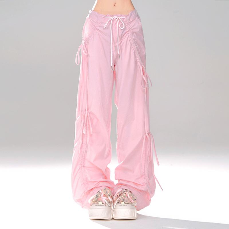 VONDA Women Summer Elastic Waist Drawstring Tie Solid Color Pants