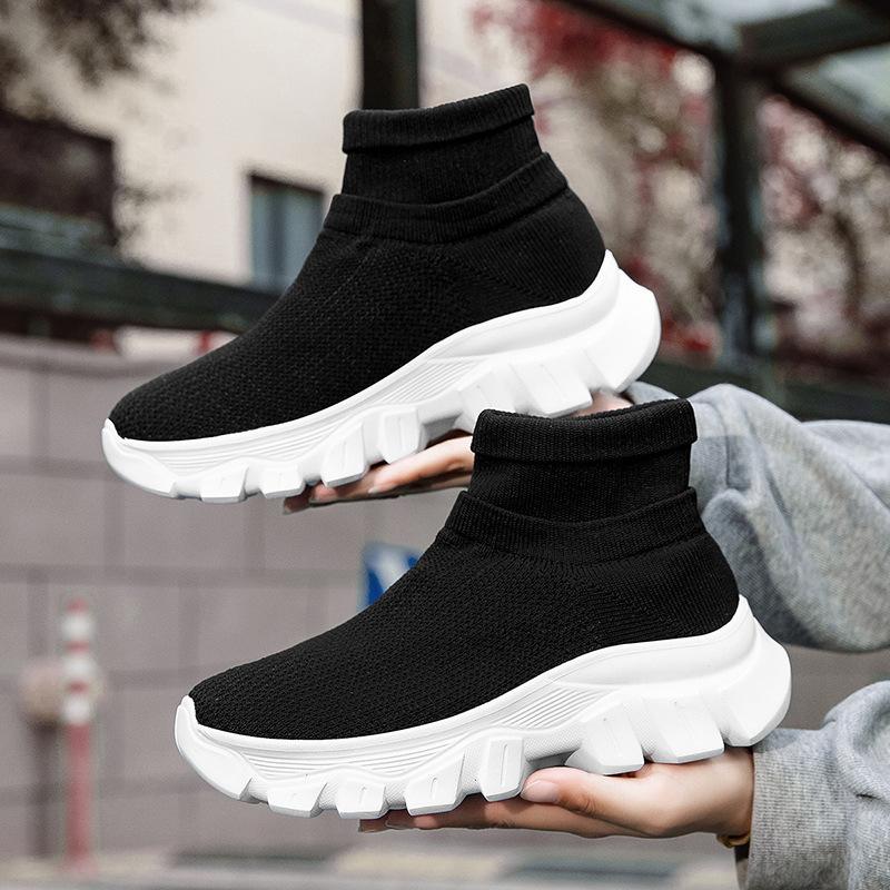 Autumn and Winter New Platform Socks Shoes Fly-woven Sports Short Boots Women's Boots Large Size One-pedal Socks Shoes Solid Color Casual Shoes
