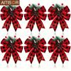 6pcs Christmas Ribbons Buffalo Plaid Bows with Plastic Pine Cone for Christmas Tree Mantle Fireplace Wreath DIY Crafts Decoration Party Decor Gift
