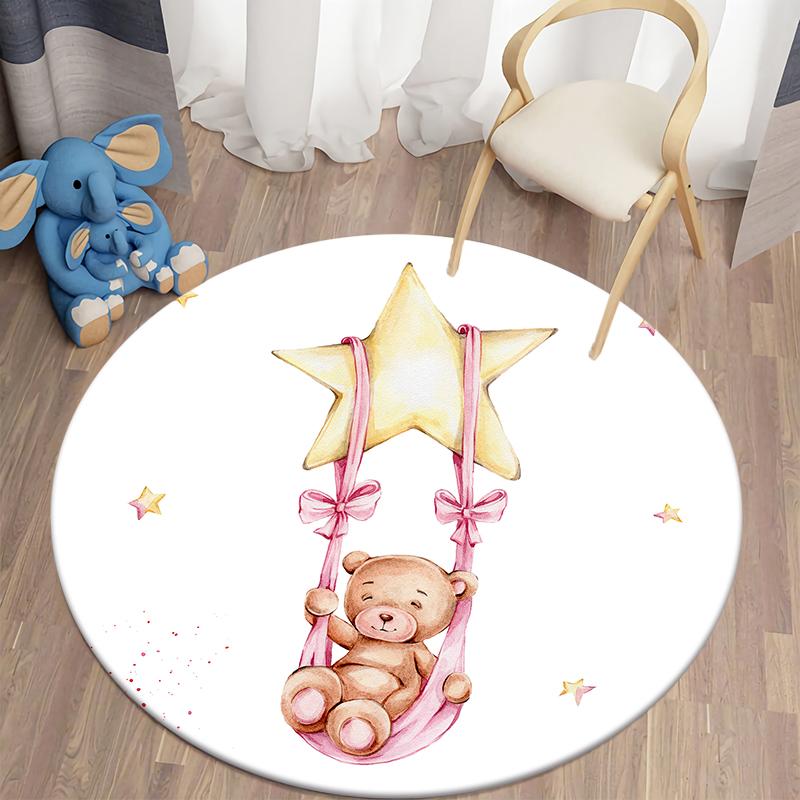 Living Room Round Carpet Floor Mat Kids Anti-Slip Mat Cartoon Bear Print Kids Carpet Kawaii Area Rug
