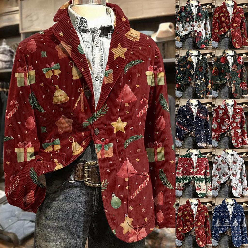 Мужская куртка в стиле business casual из вельвета с рождественским принтом