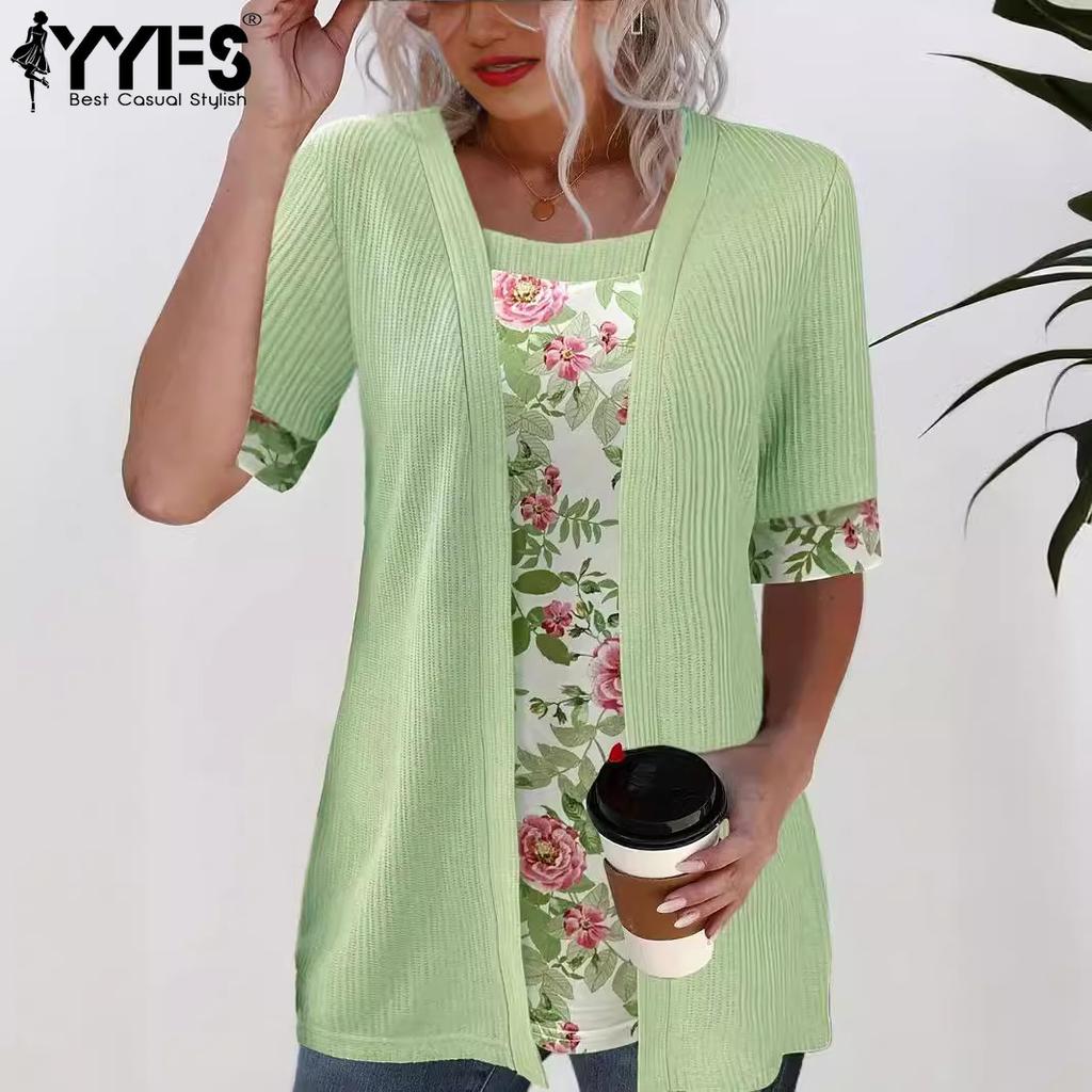 YYFS Women's Fashion Casual Summer Spring Flower Pattern Print Short Sleeve Square Collar Blouses & Shirts