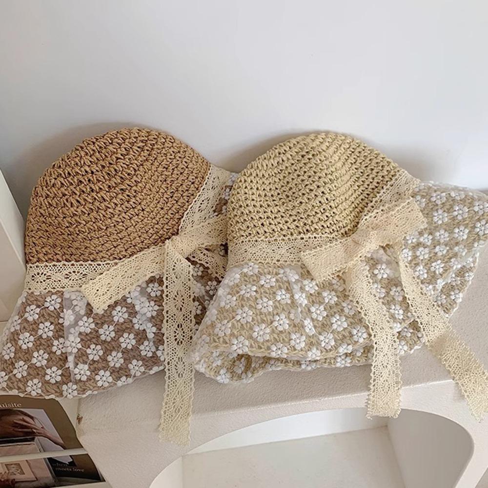 Large Brim Flower Sun Hat Breathable Lace Bowknot Sunshade Cap Vacation Woman's Straw Hat  Travel