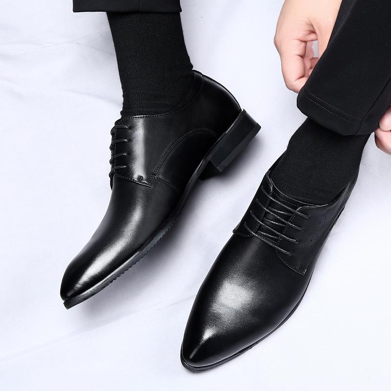 Spring Men's Korean Version Pointed Non Slip Small Leather Shoes Classic Black Lace Up Comfortable Business Casual Leather Shoes