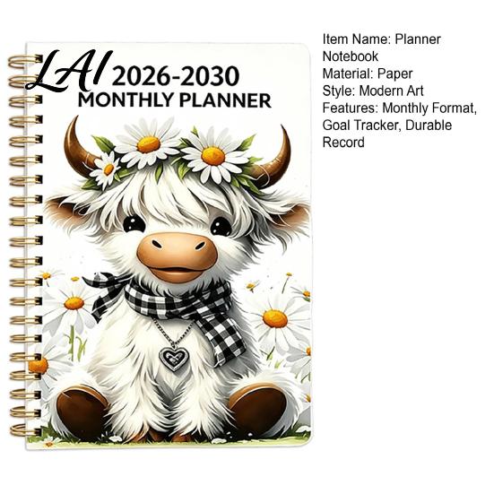 Organized Life Planner for Students 2026‑2030 5‑Year Monthly Planner Cute Highland Cow Cover Calendar Notebook Gift Lovers Planners 60