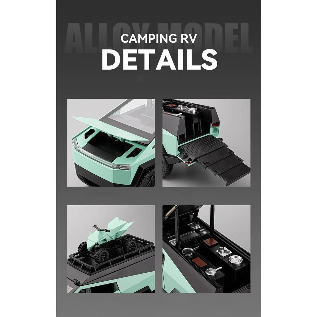 1/24 Tesla Cybertruck Кемпинговый автофургон из литого сплава Игрушечная модель автомобиля Звук и свет Детские игрушки Коллекционные предметы Подарок на день рождения