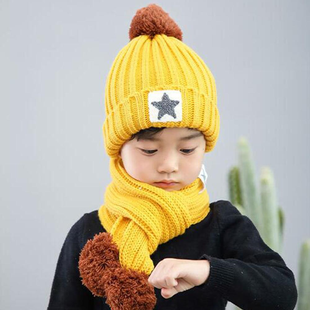 2Pcs/set Kid Knitting Hat Beanie + Long Scarf Thicken Velvet Cute Star Winter Warm Set